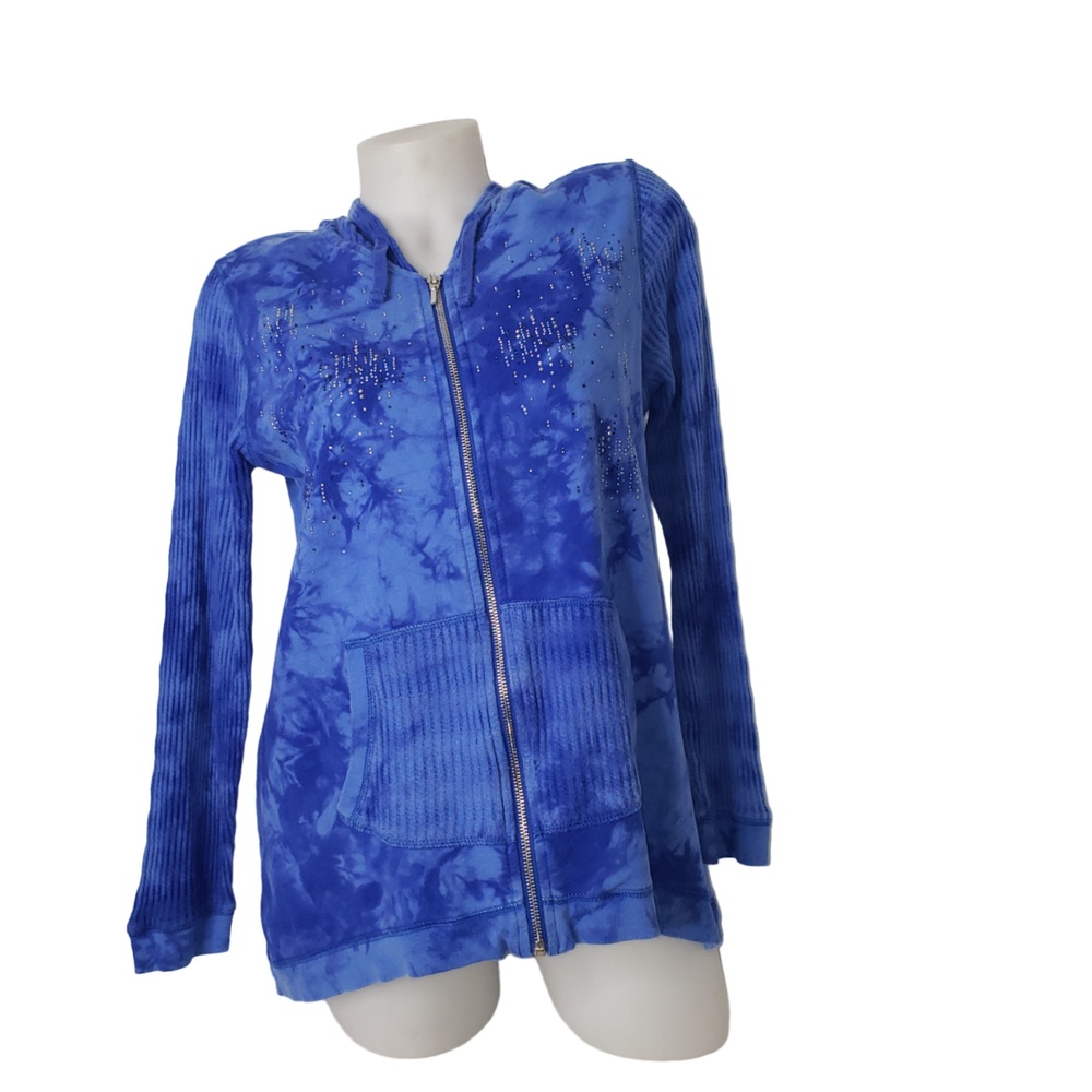 ZENERGY BY CHICOS Blue Tie Dye Rhinestone Hoodie Sweatshirt Size 1